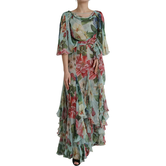 Dolce & Gabbana Blue Floral Print Tiered Long Maxi Dress Dolce & Gabbana