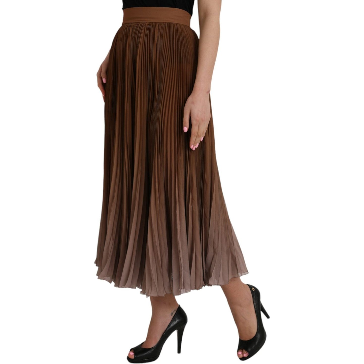 Dolce & Gabbana Brown Polyester Pleated High Waist Midi Skirt Dolce & Gabbana