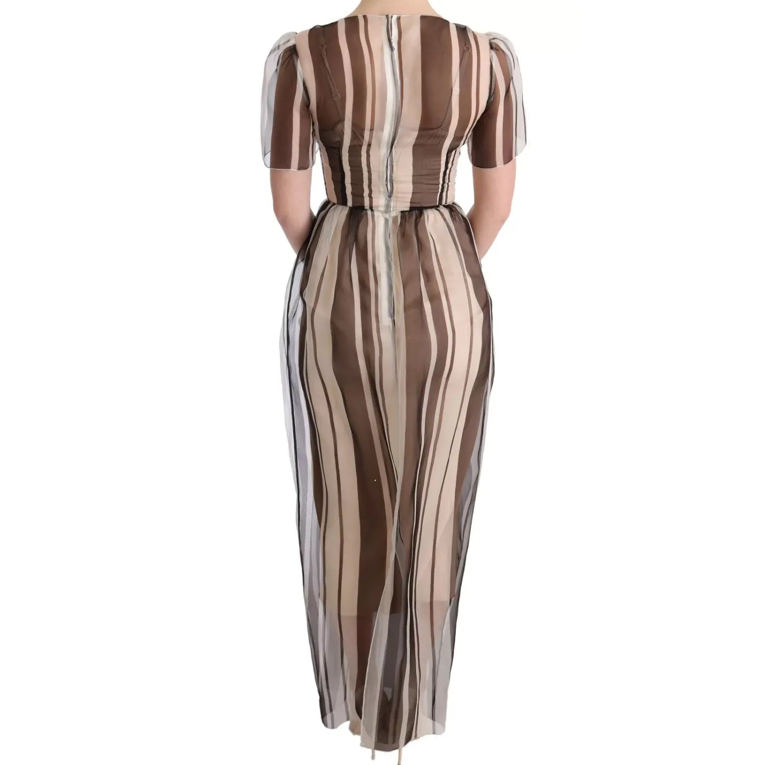Dolce & Gabbana Beige Brown Striped Silk Sheath Dress