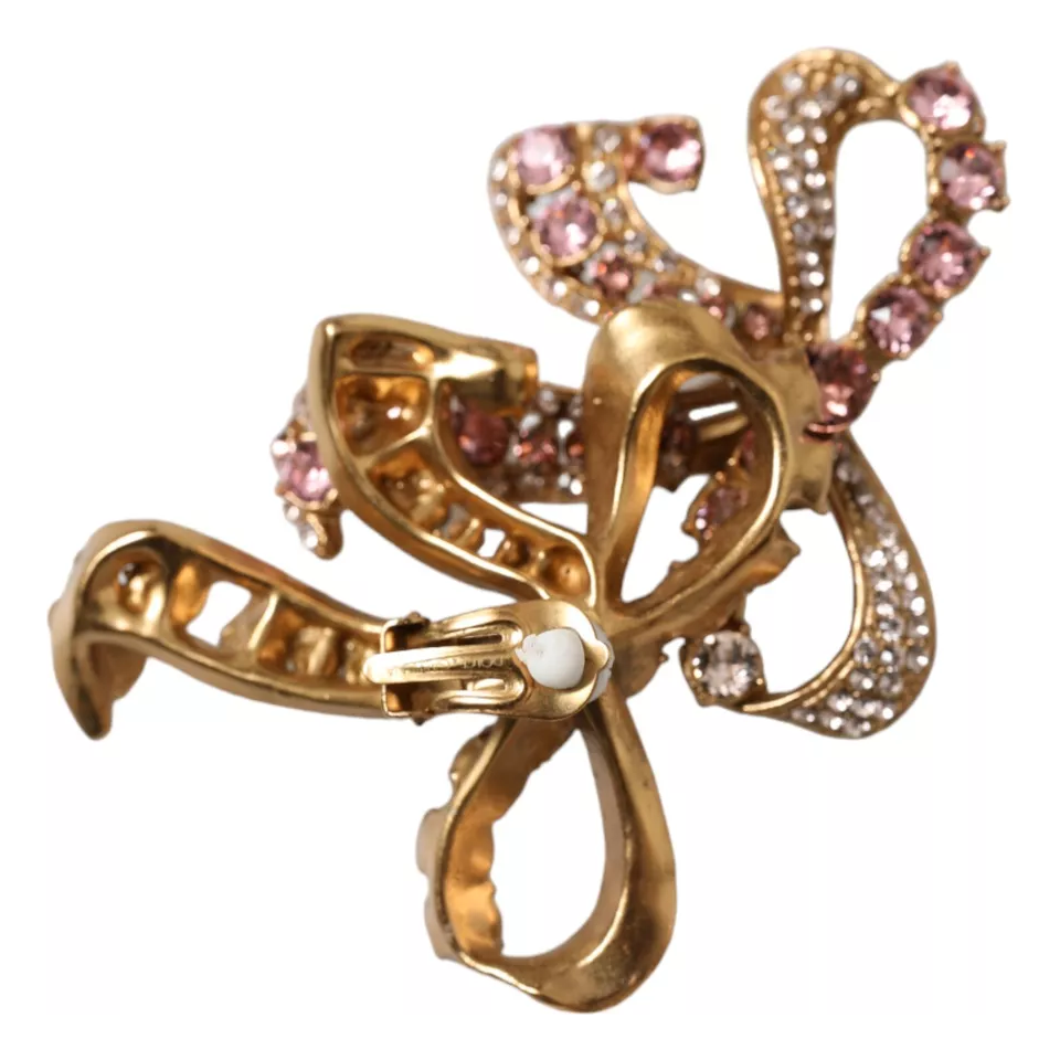 Dolce & Gabbana Gold Brass Pink Clear Crystal Bow Fiocchi Christmas Earrings Dolce & Gabbana