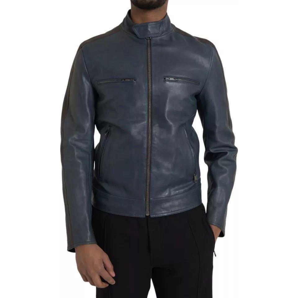 Dolce & Gabbana Blue Leather Full Zip Biker Blouson Jacket Dolce & Gabbana