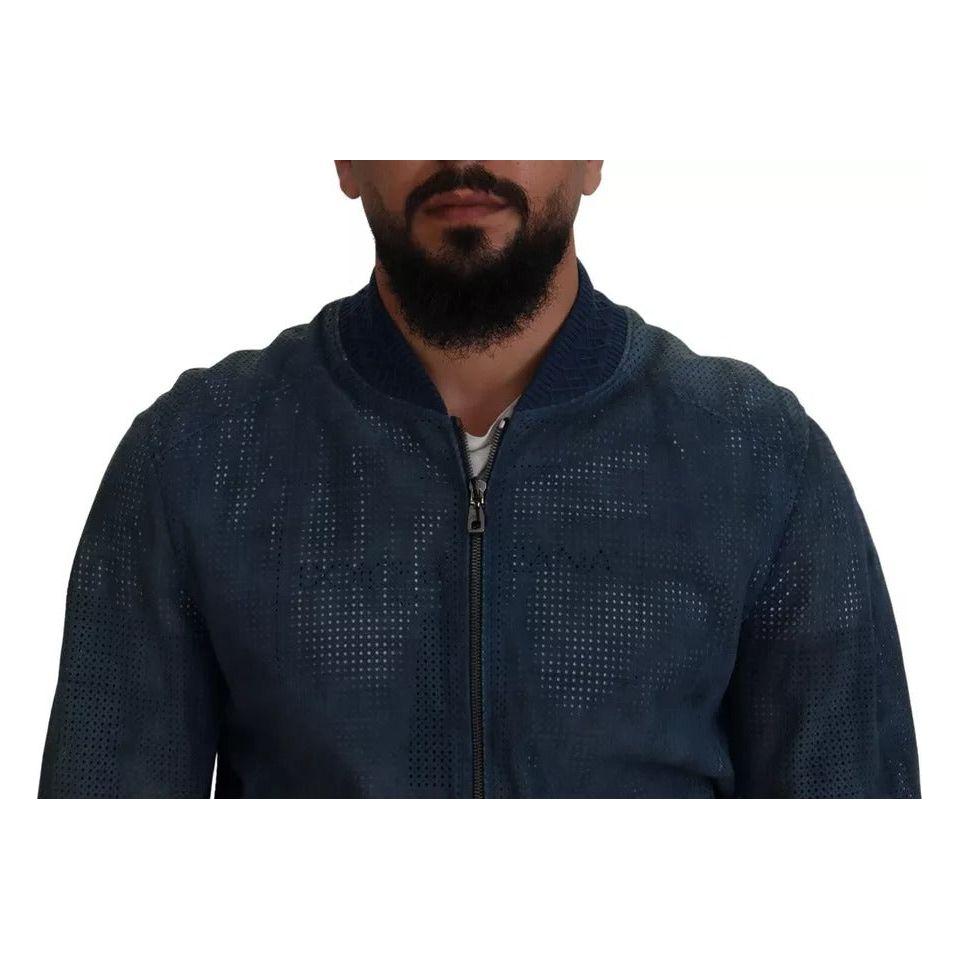 Dolce & Gabbana Blue Leather Perforated Full Zip Jacket Dolce & Gabbana