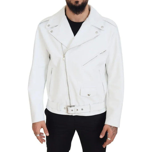 Dolce & Gabbana White Leather Biker Coat Zipper Jacket Dolce & Gabbana