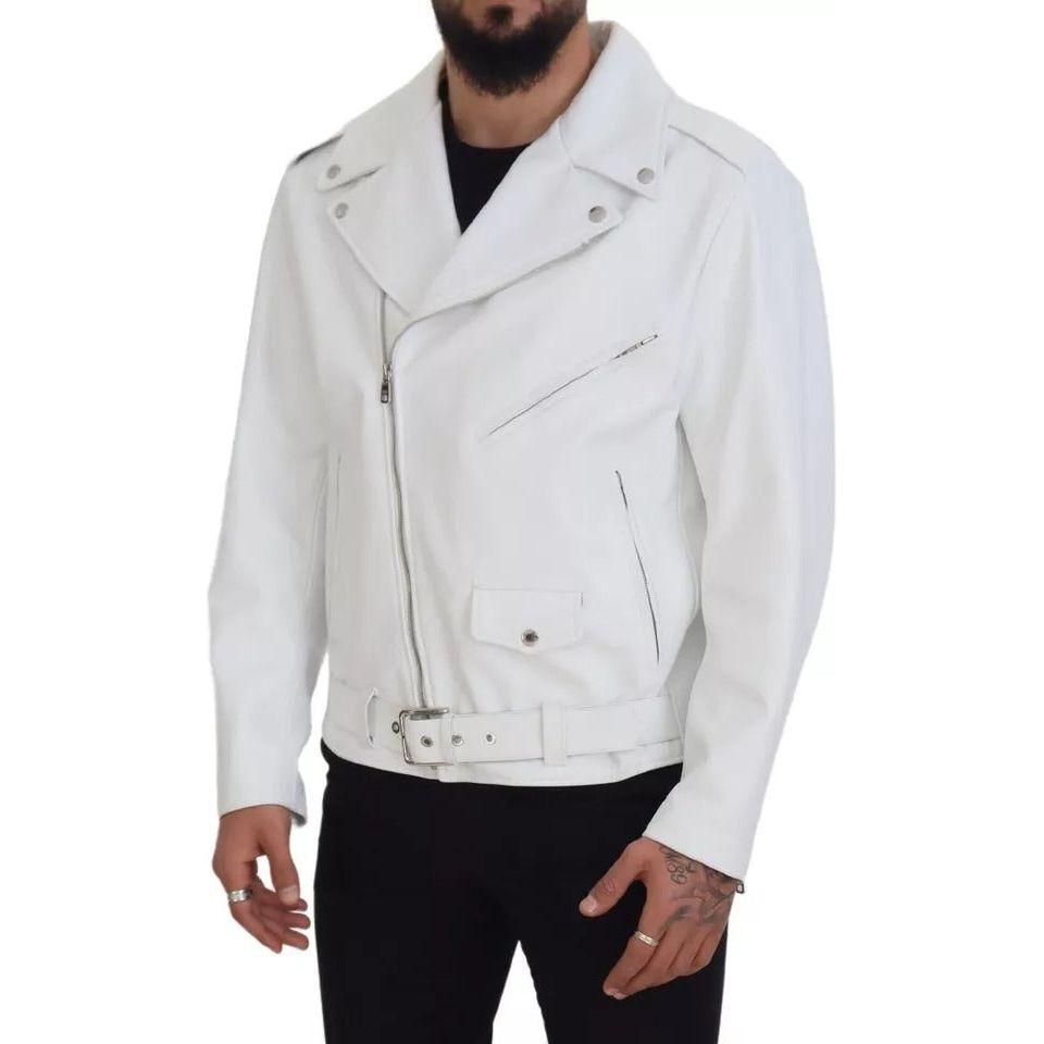 Dolce & Gabbana White Leather Biker Coat Zipper Jacket Dolce & Gabbana