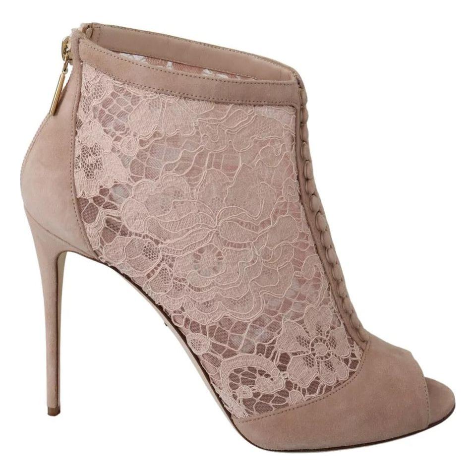 Dolce & Gabbana Beige Lace Suede Peep Toe Ankle Boots Shoes Dolce & Gabbana