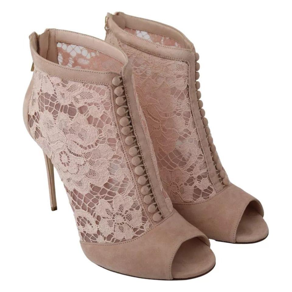 Dolce & Gabbana Beige Lace Suede Peep Toe Ankle Boots Shoes Dolce & Gabbana