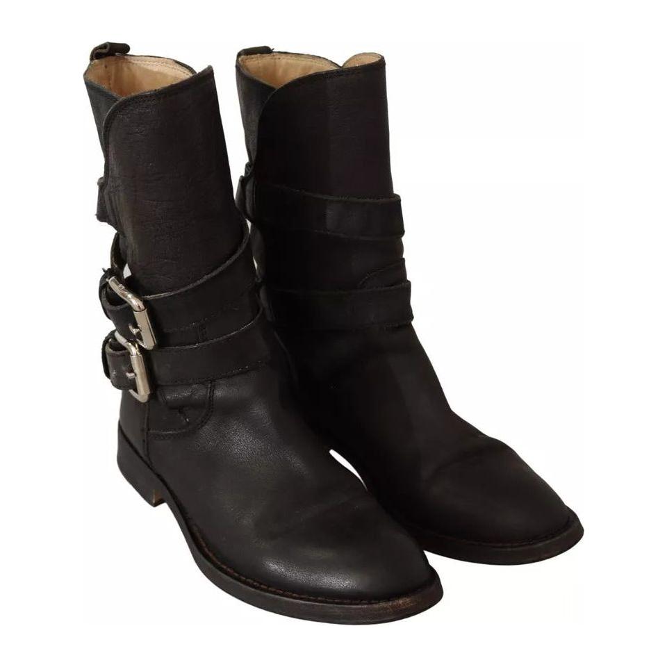 Dolce & Gabbana Black Leather Buckle Mid Calf Boots Shoes Dolce & Gabbana