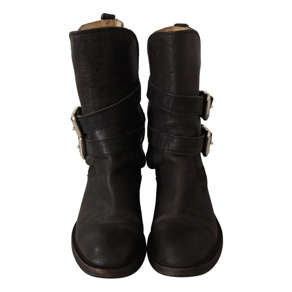 Dolce & Gabbana Black Leather Buckle Mid Calf Boots Shoes Dolce & Gabbana