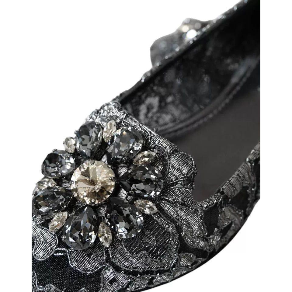 Dolce & Gabbana Gray Black Lace Crystal Ballet Loafers Shoes Dolce & Gabbana