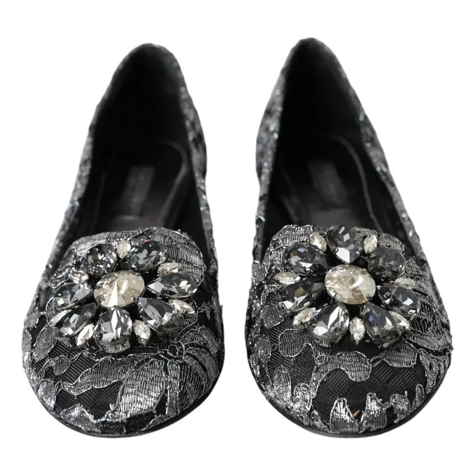 Dolce & Gabbana Gray Black Lace Crystal Ballet Loafers Shoes Dolce & Gabbana