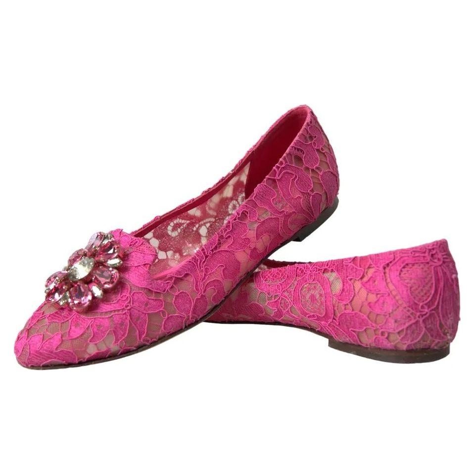 Dolce & Gabbana Pink Lace Crystal Ballet Loafers Shoes Dolce & Gabbana