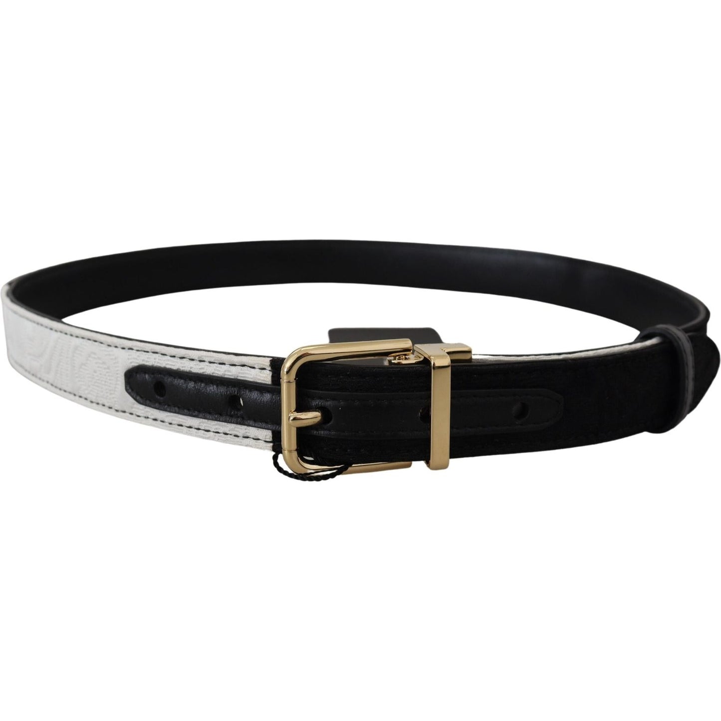 Dolce & Gabbana White Black Patchwork Gold Metal Buckle Belt Dolce & Gabbana