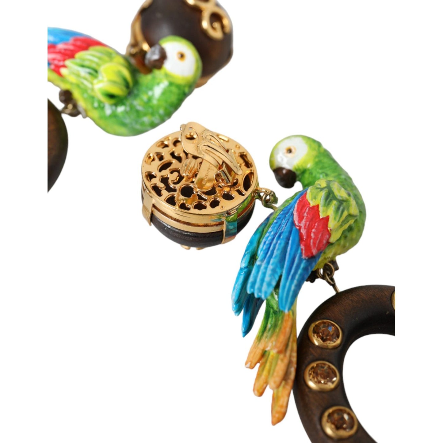 Dolce & Gabbana Multicolor Parrot Wood Brass Crystal Embellished Earring Dolce & Gabbana