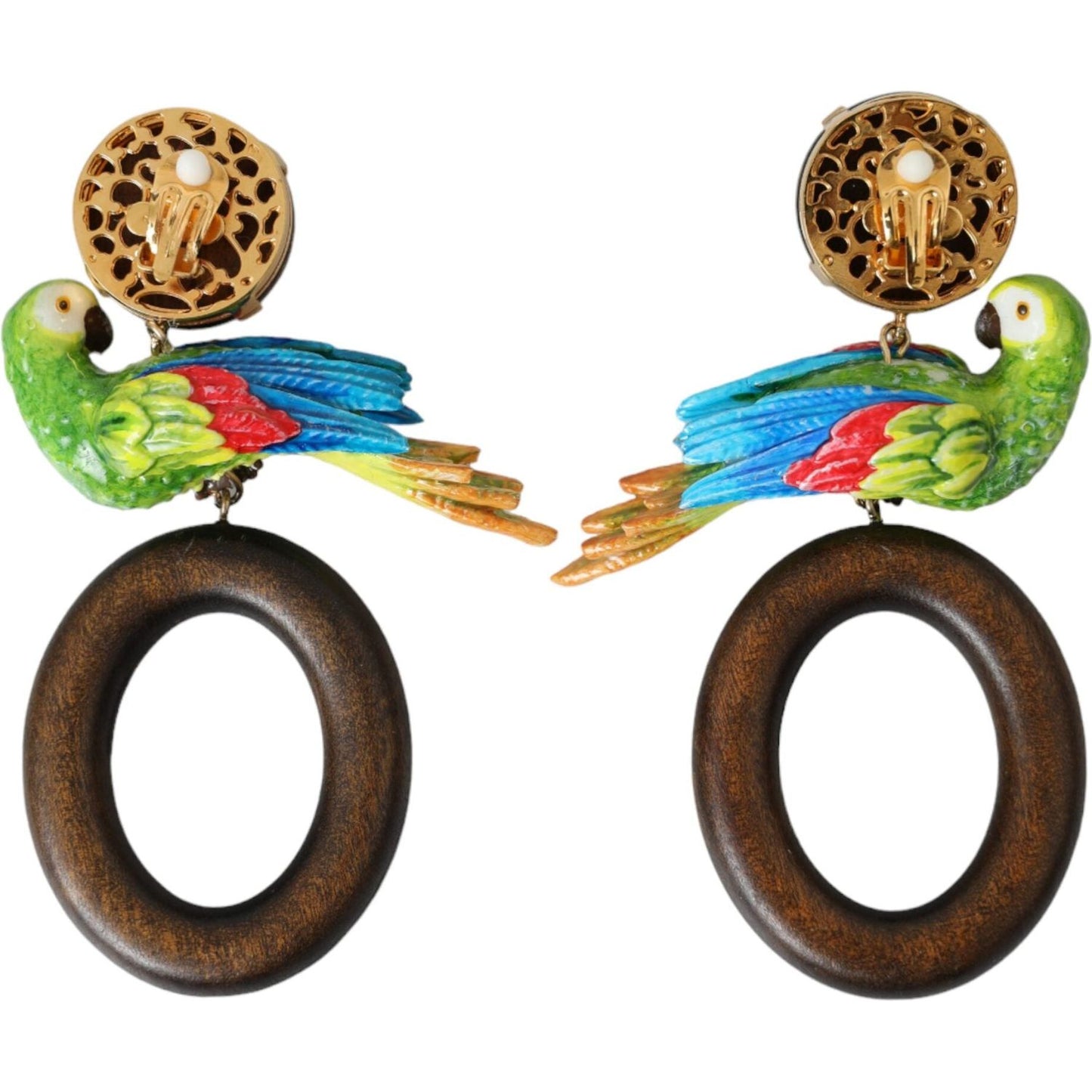 Dolce & Gabbana Multicolor Parrot Wood Brass Crystal Embellished Earrings Dolce & Gabbana