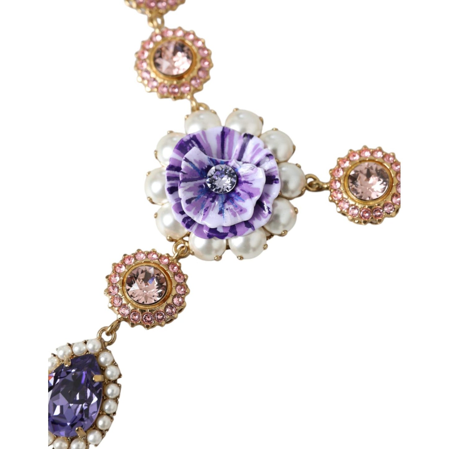 Dolce & Gabbana Gold Brass Crystal Purple Pink Pearl Pendants Necklace Dolce & Gabbana