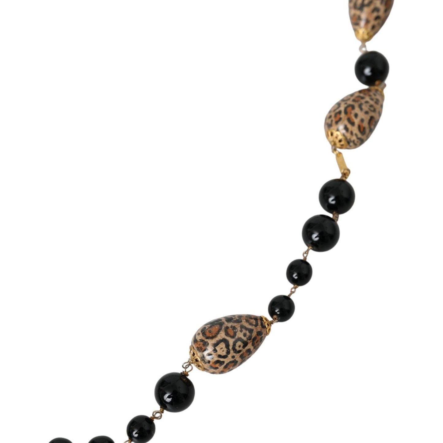 Dolce & Gabbana Gold Tone Brass Black Printed Beaded Long Chain Necklace Dolce & Gabbana