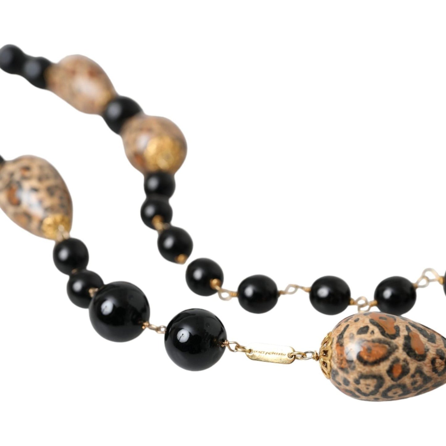 Dolce & Gabbana Gold Tone Brass Black Printed Beaded Long Chain Necklace Dolce & Gabbana