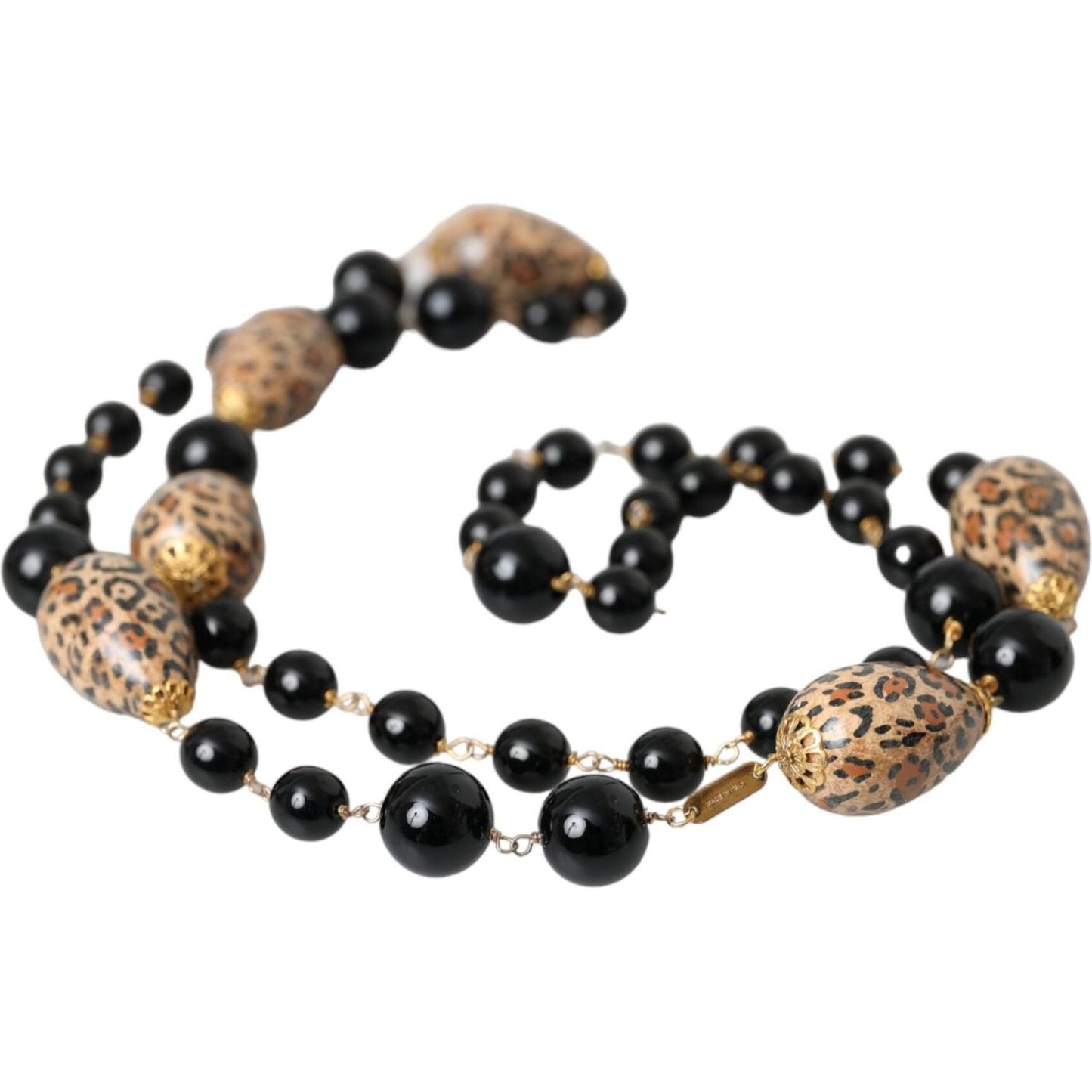 Dolce & Gabbana Gold Tone Brass Black Printed Beaded Long Chain Necklace Dolce & Gabbana