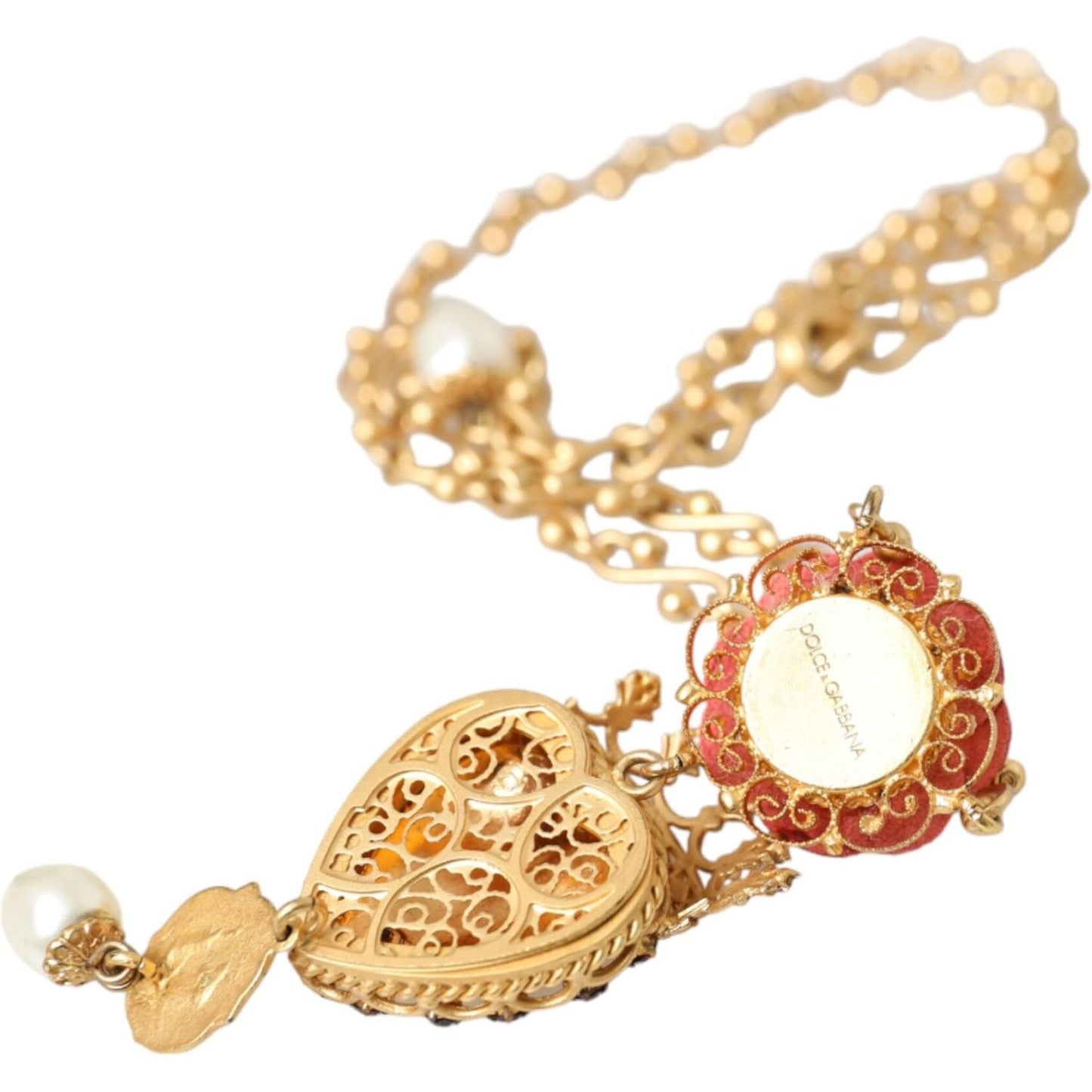 Dolce & Gabbana Gold BrassChain Sacred Heart Rose Crystal Charm Necklace Dolce & Gabbana