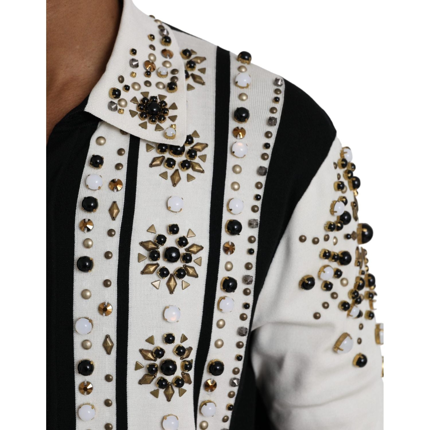 Dolce & Gabbana White Black Silk Studded Stone Crystal Shirt
