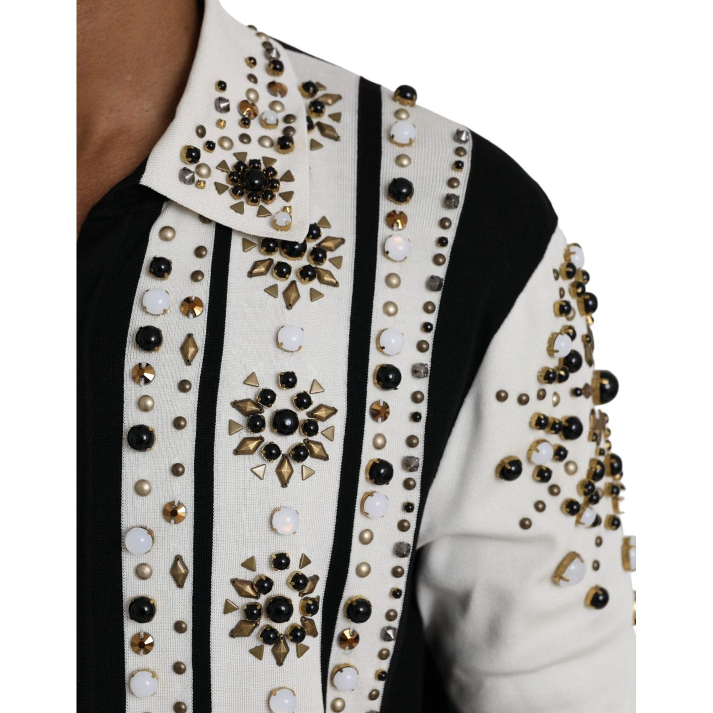 Dolce & Gabbana White Black Silk Studded Stone Crystal Shirt Dolce & Gabbana