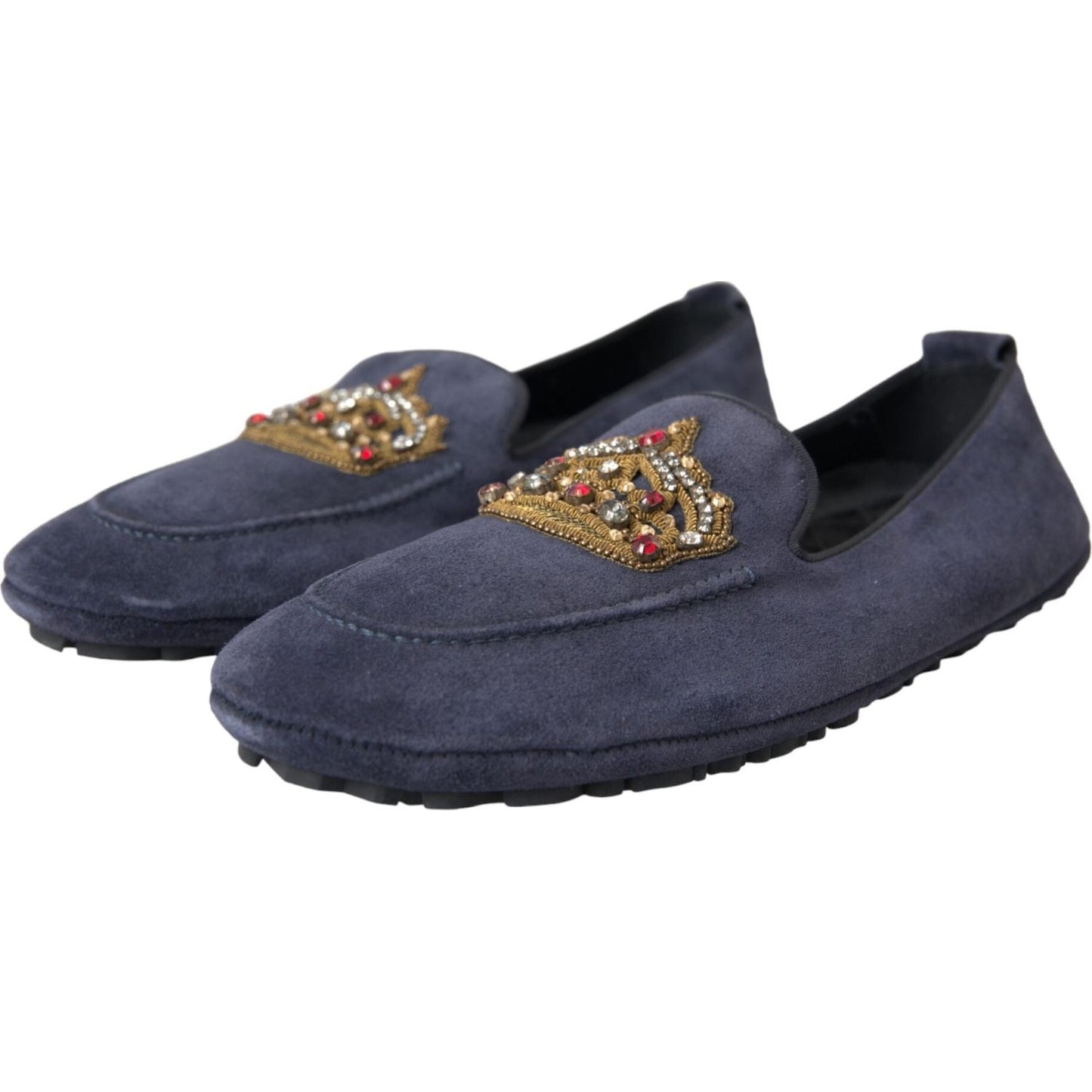 Dolce & Gabbana Blue Leather Suede Crystal Crown Loafers Shoes Dolce & Gabbana