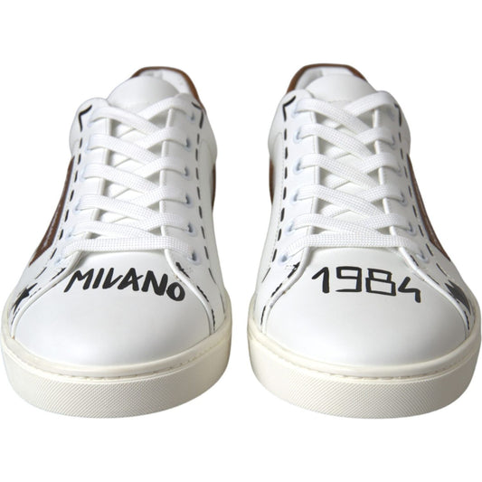 Dolce & Gabbana White Brown Leather Logo Low Top Sneakers Shoes Dolce & Gabbana