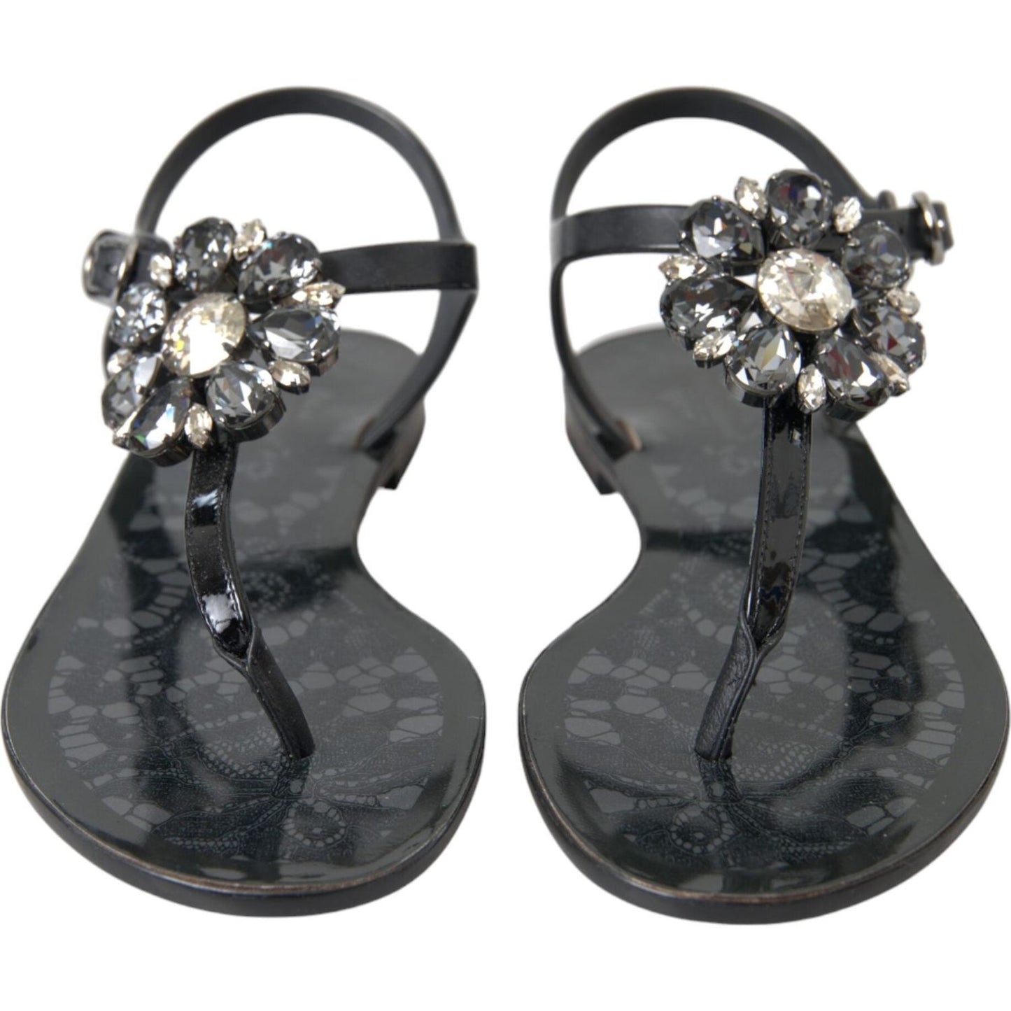 Dolce & Gabbana Black Crystal Flats Sandals Flip Flops Shoes Dolce & Gabbana