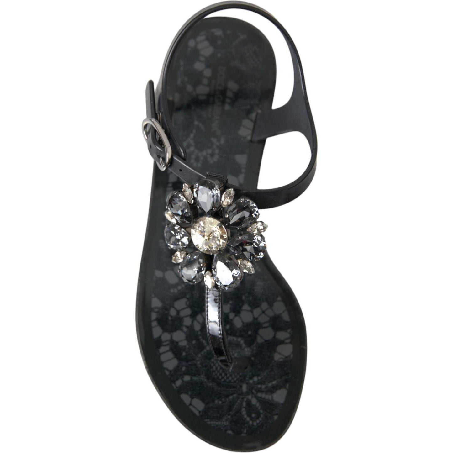 Dolce & Gabbana Black Crystal Flats Sandals Flip Flops Shoes Dolce & Gabbana