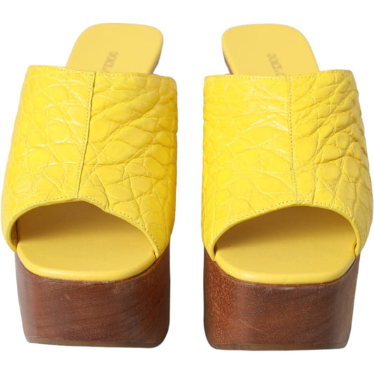 Dolce & Gabbana Yellow Leather Wood Mule Wedge Slides Shoes Dolce & Gabbana