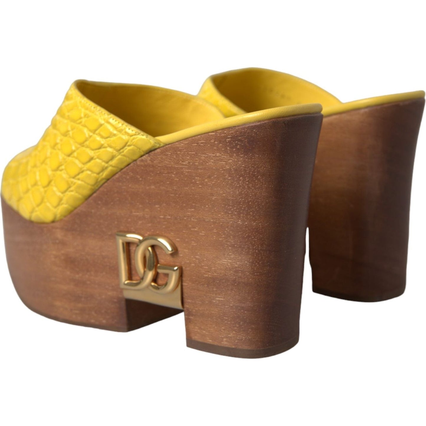 Dolce & Gabbana Yellow Leather Wood Mule Wedge Slides Shoes Dolce & Gabbana