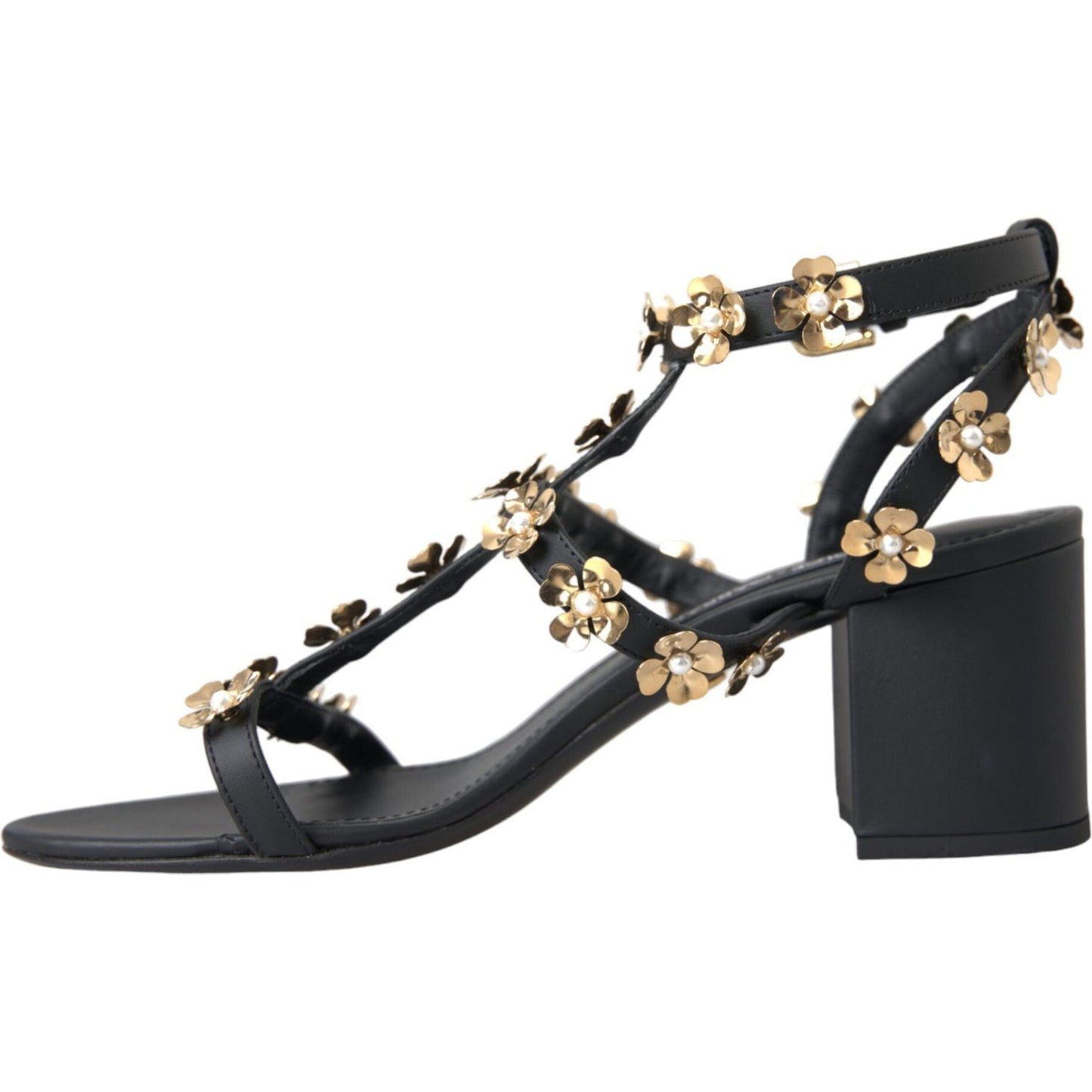 Dolce & Gabbana Black Leather Embellished Heel Sandal Shoes Dolce & Gabbana