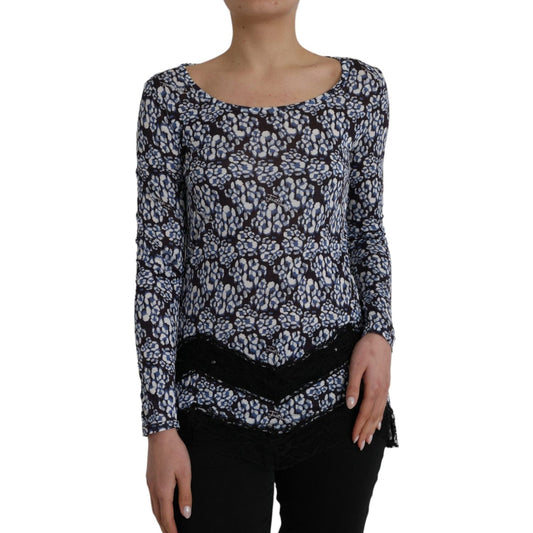 Just Cavalli Blue Floral Lace Long Sleeves Top Underwear Blouse Just Cavalli