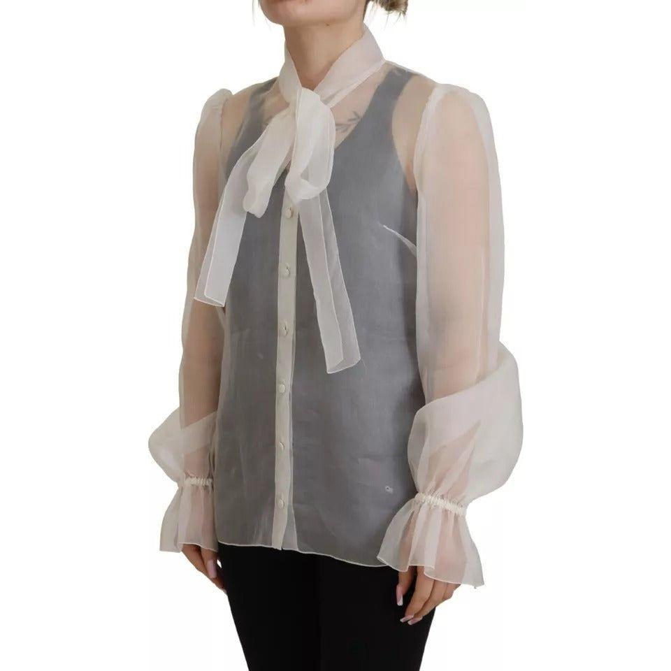 Dolce & Gabbana White Ascot Collar Long Sleeves Blouse Top Dolce & Gabbana