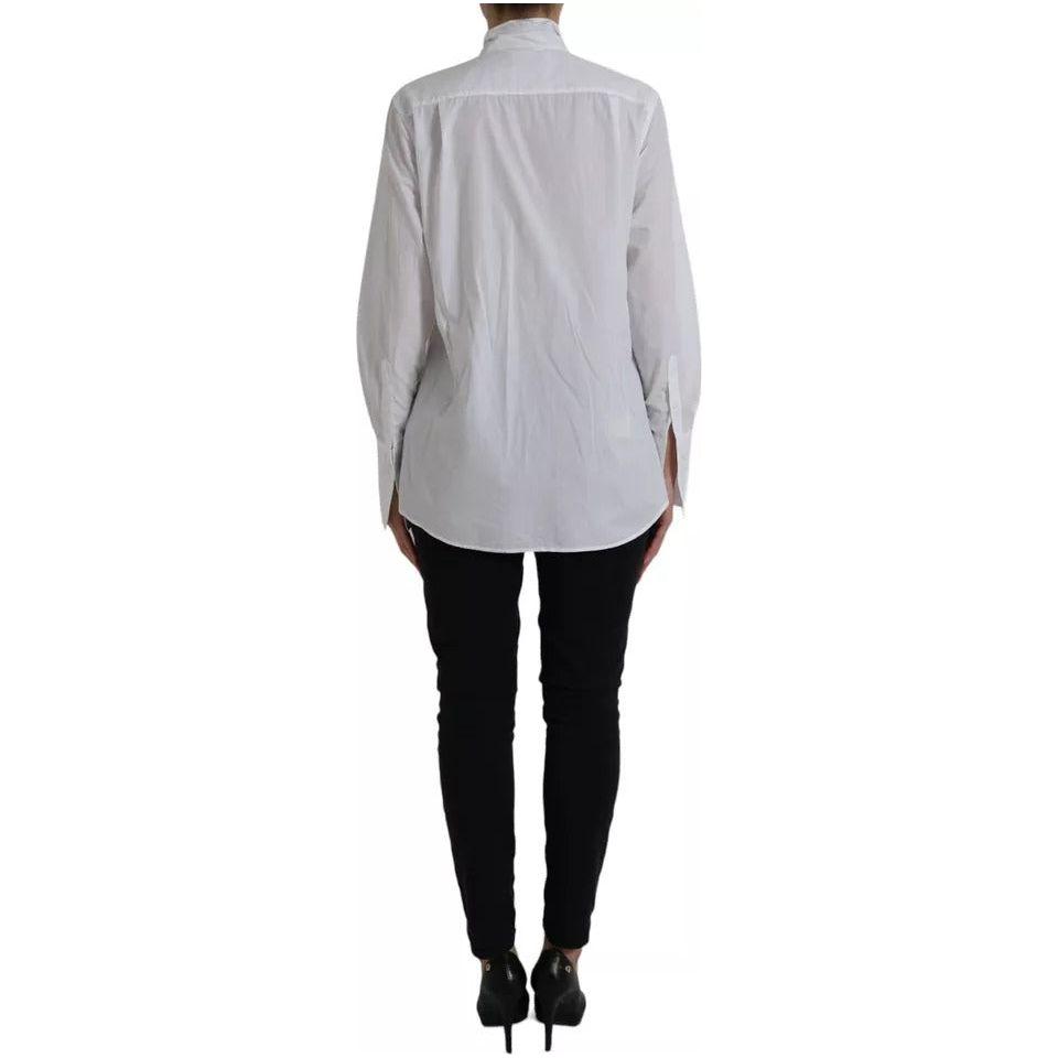 Dolce & Gabbana White Cotton Ascot Collar Long Sleeves Top Dolce & Gabbana