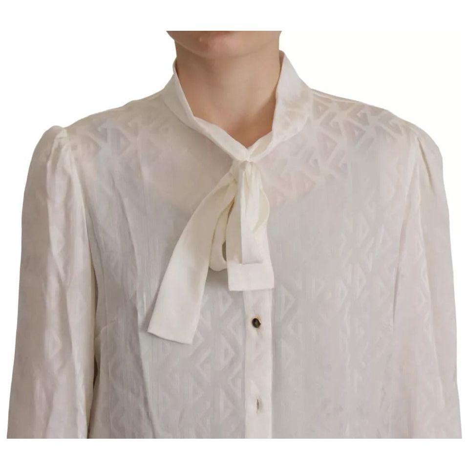 Dolce & Gabbana White Patterned Silk Ascot Collar Blouse Top Dolce & Gabbana