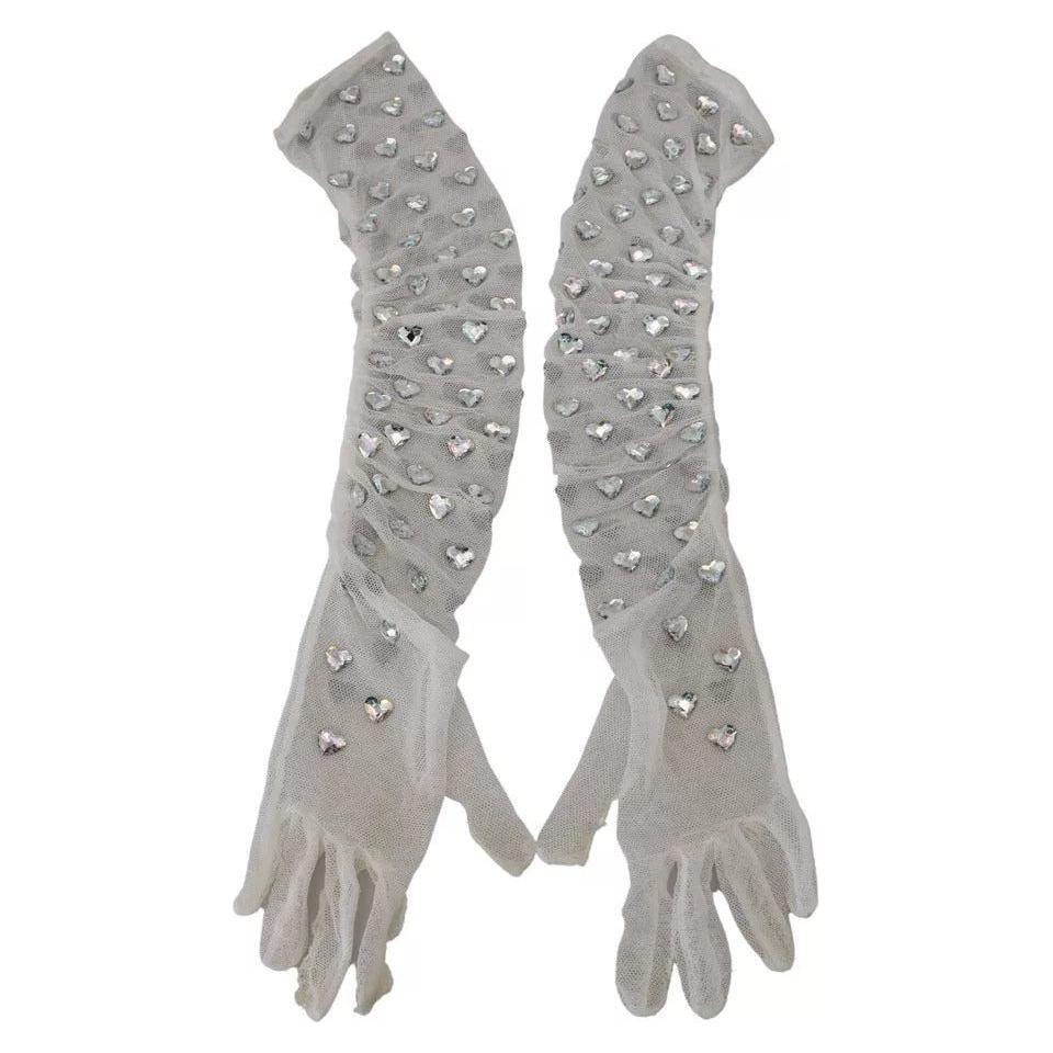 Dolce & Gabbana White Crystal Elbow Length Cotton Tulle Gloves Dolce & Gabbana