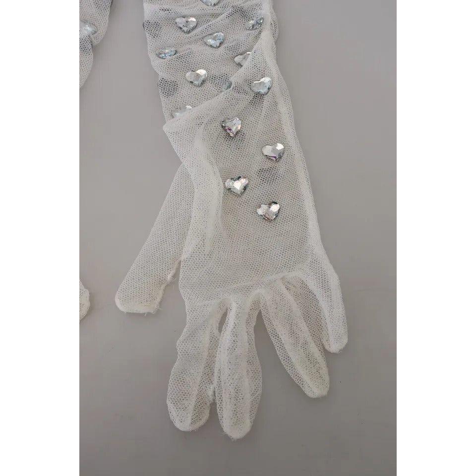 Dolce & Gabbana White Crystal Elbow Length Cotton Tulle Gloves Dolce & Gabbana