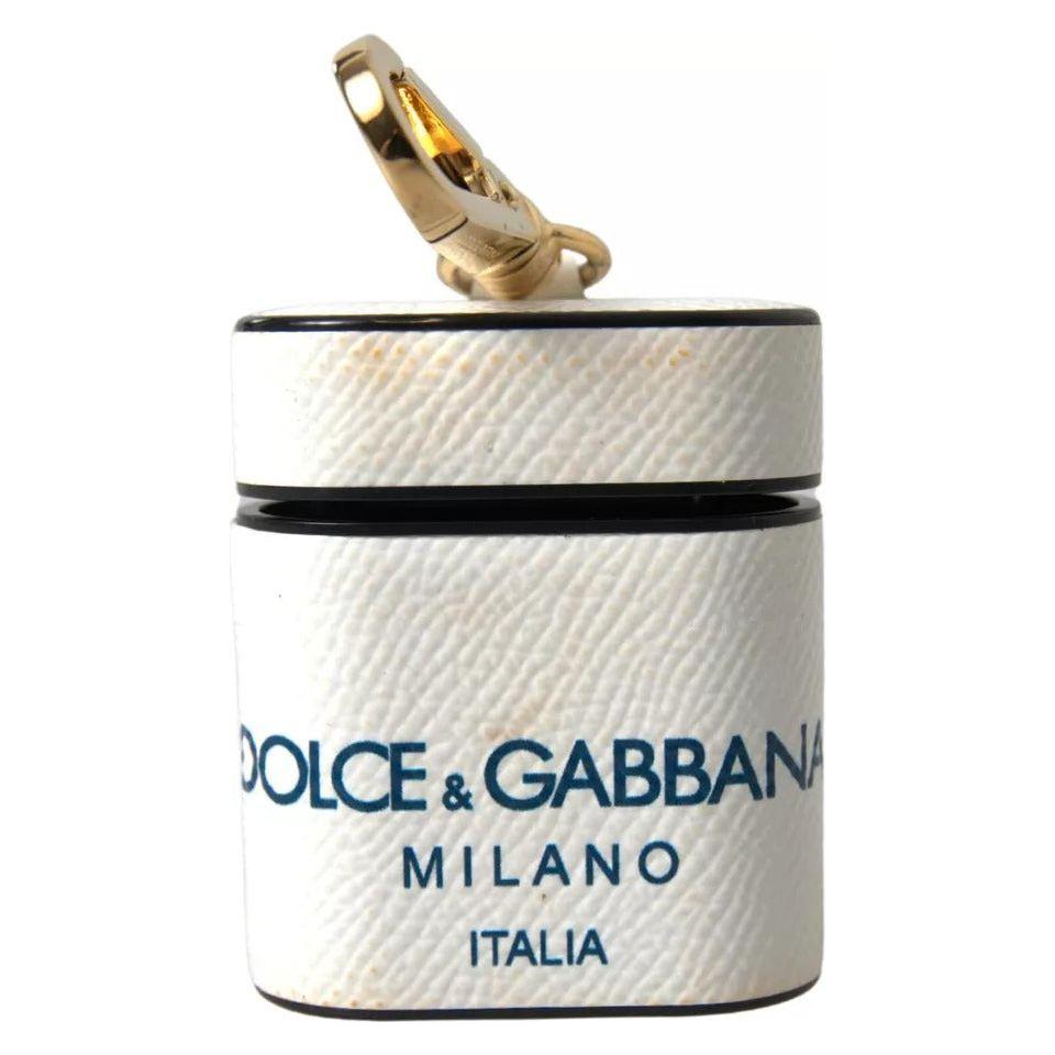 Dolce & Gabbana White Blue Calf Leather Logo Print Strap Airpods Case Dolce & Gabbana