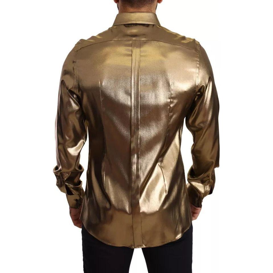 Dolce & Gabbana Metallic Gold DG Embroidered Crown Silk Top Shirt Dolce & Gabbana