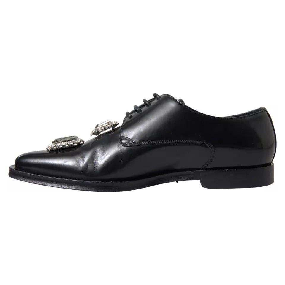 Dolce & Gabbana Black Leather Crystal Lace Up Formal Shoes Dolce & Gabbana