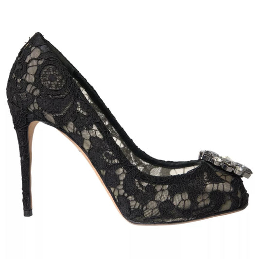 Dolce & Gabbana Black Taormina Lace Crystal Heel Pumps Shoes