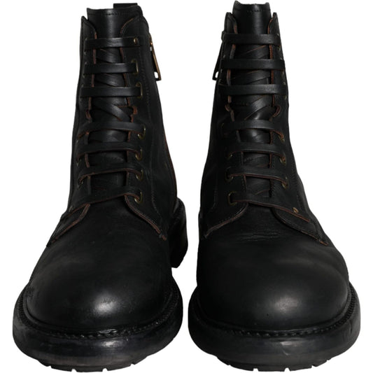 Dolce & Gabbana Black Lace Up Mid Calf Boots Men Shoes Dolce & Gabbana