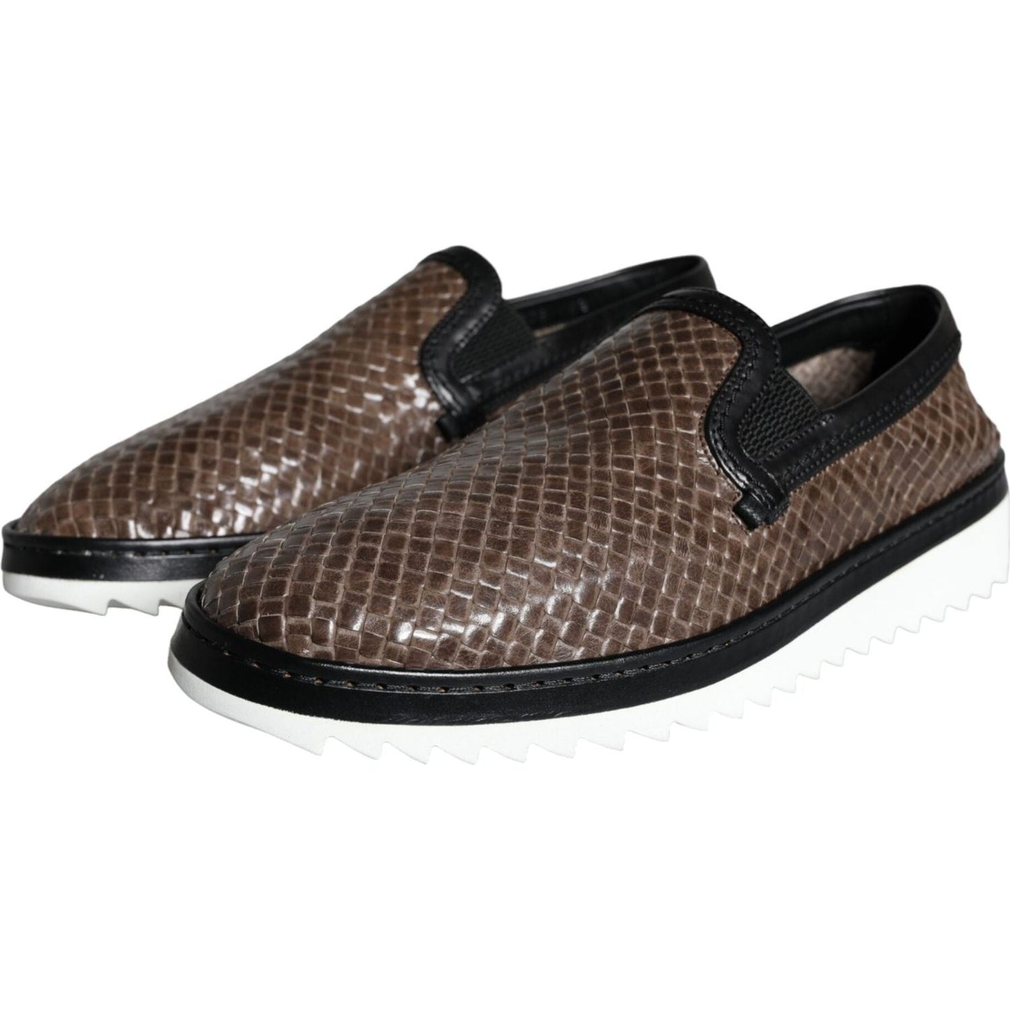 Dolce & Gabbana Brown Black Leather Weaved Men Loafers Shoes Dolce & Gabbana