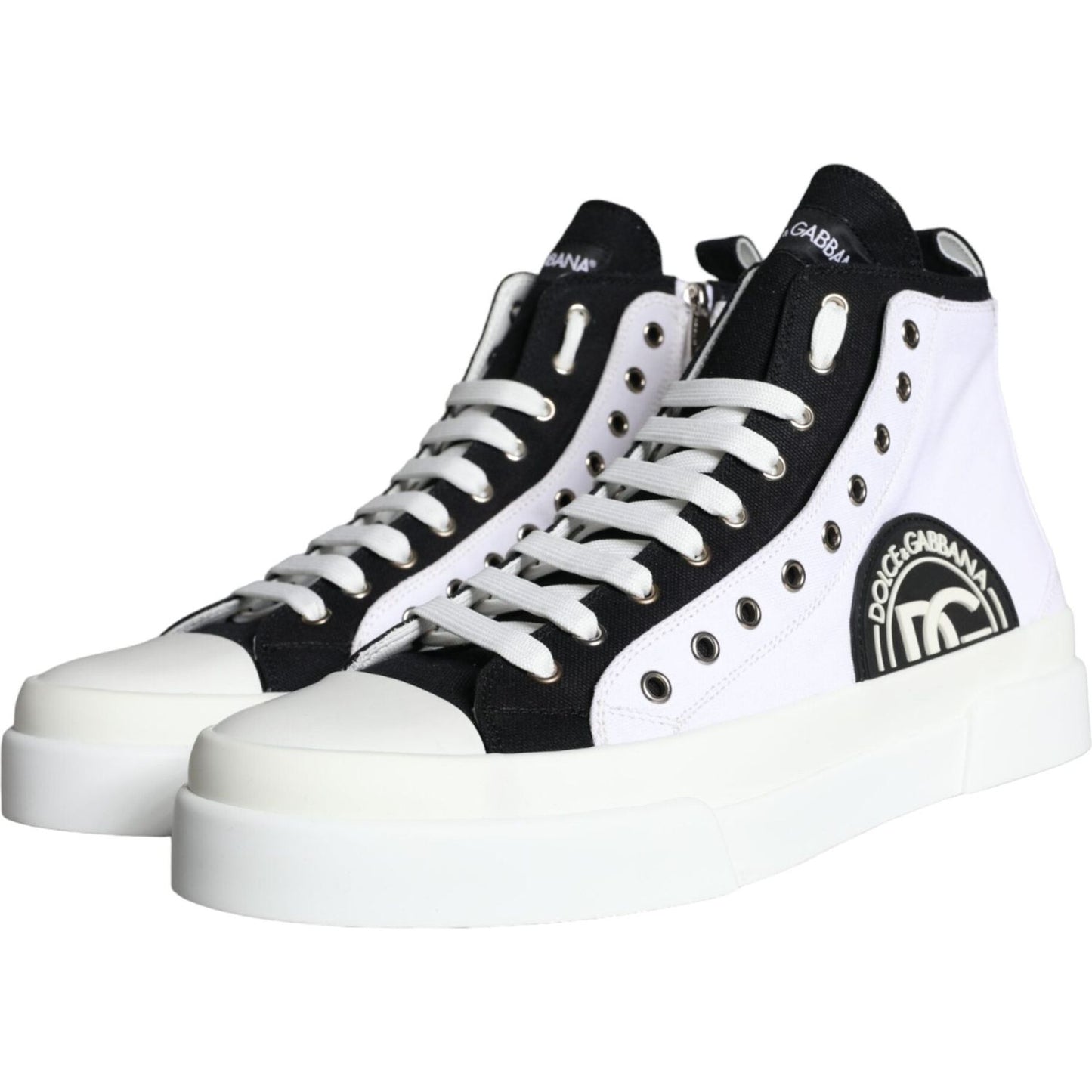 Dolce & Gabbana White Black Cotton Logo High Top Sneaker Shoes Dolce & Gabbana