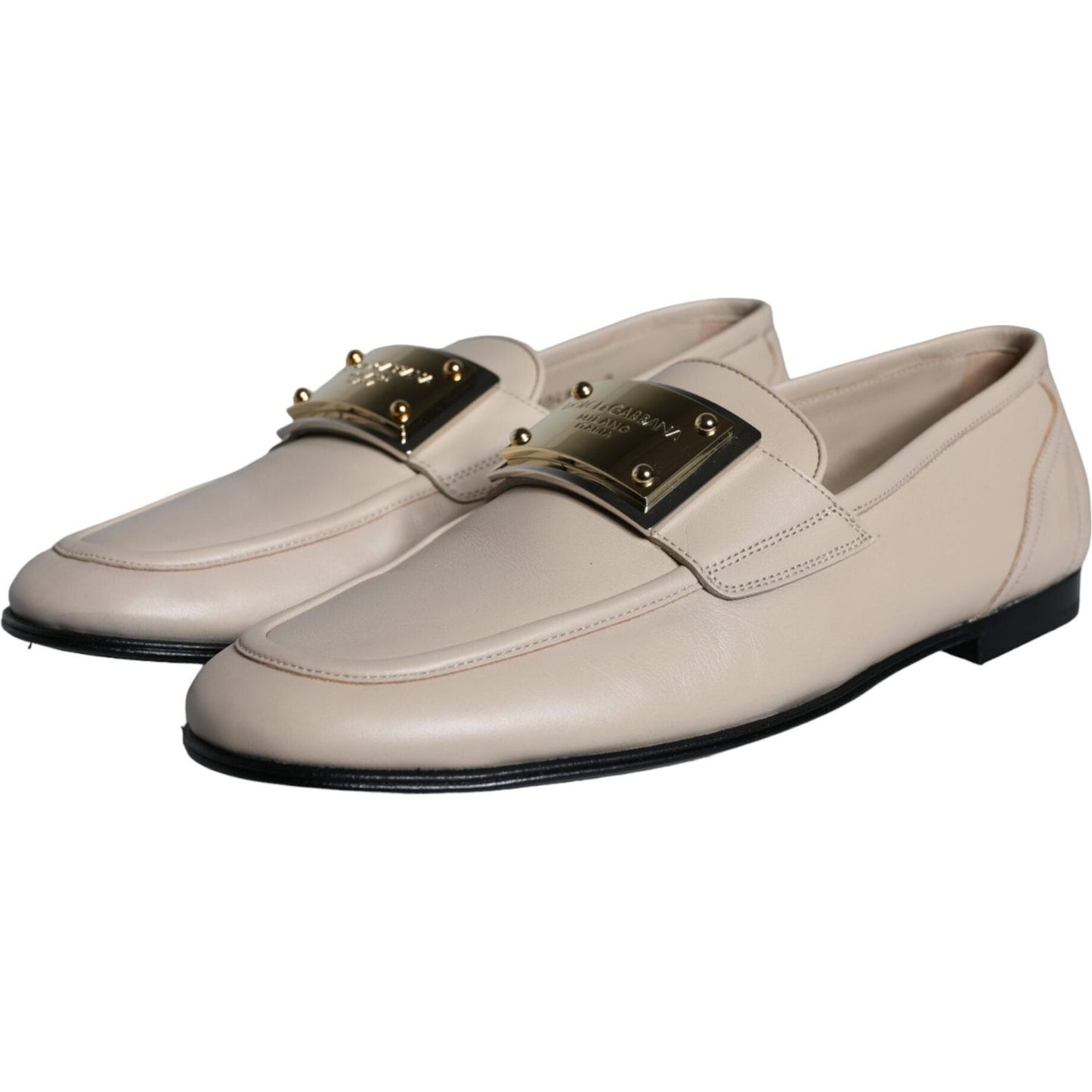 Dolce & Gabbana Beige Leather Logo Plaque Slip On Men Loafers Shoes Dolce & Gabbana