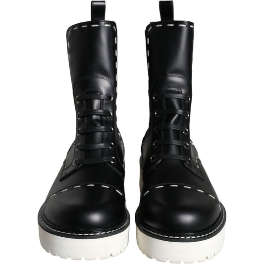 Dolce & Gabbana Black Leather Combat Mid Calf Boots Shoes Dolce & Gabbana