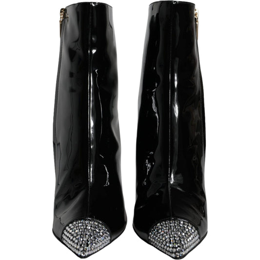 Dolce & Gabbana Black Patent Leather Crystal Heel Boots Shoes Dolce & Gabbana