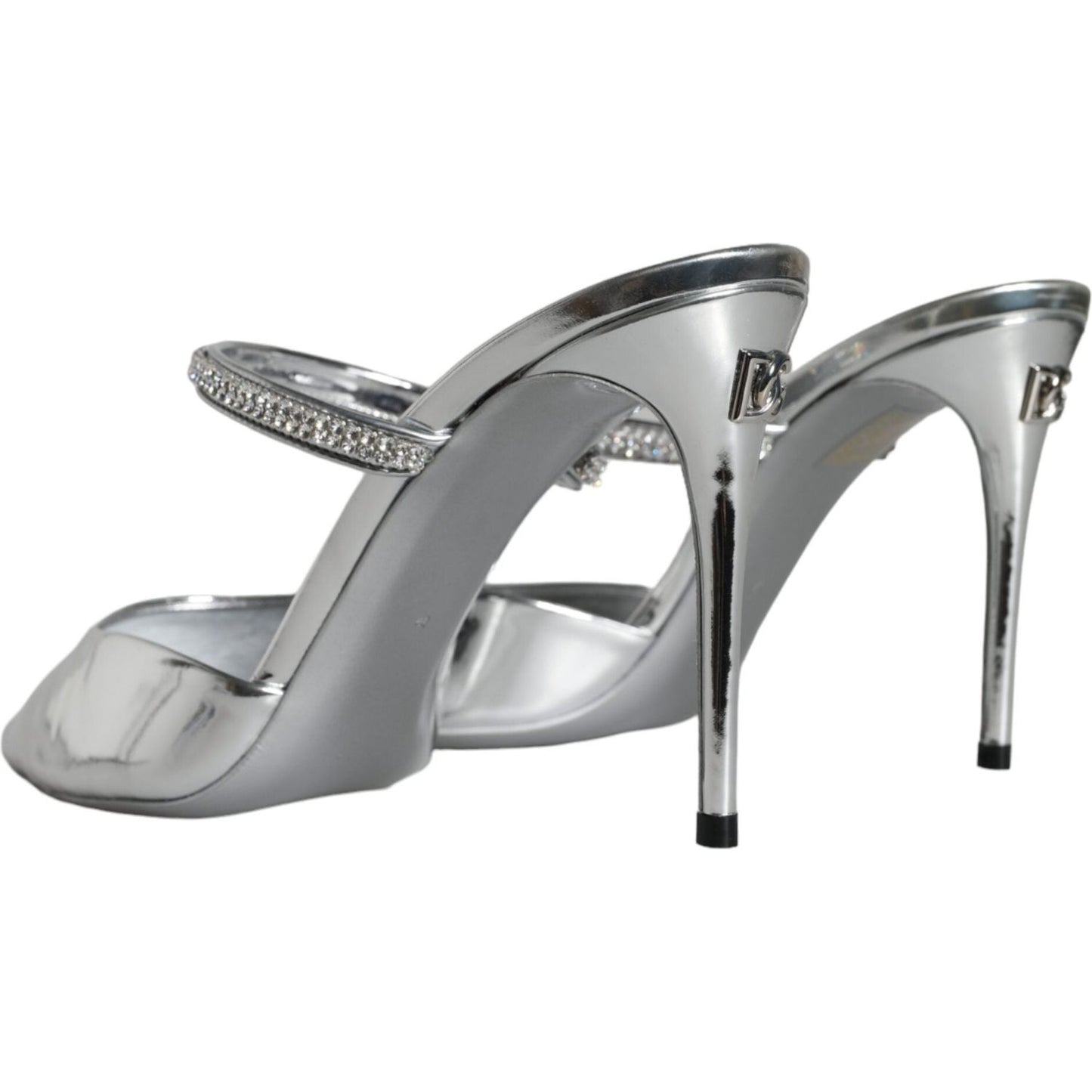 Dolce & Gabbana Silver Crystal Leather Slip On Sandals Shoes Dolce & Gabbana