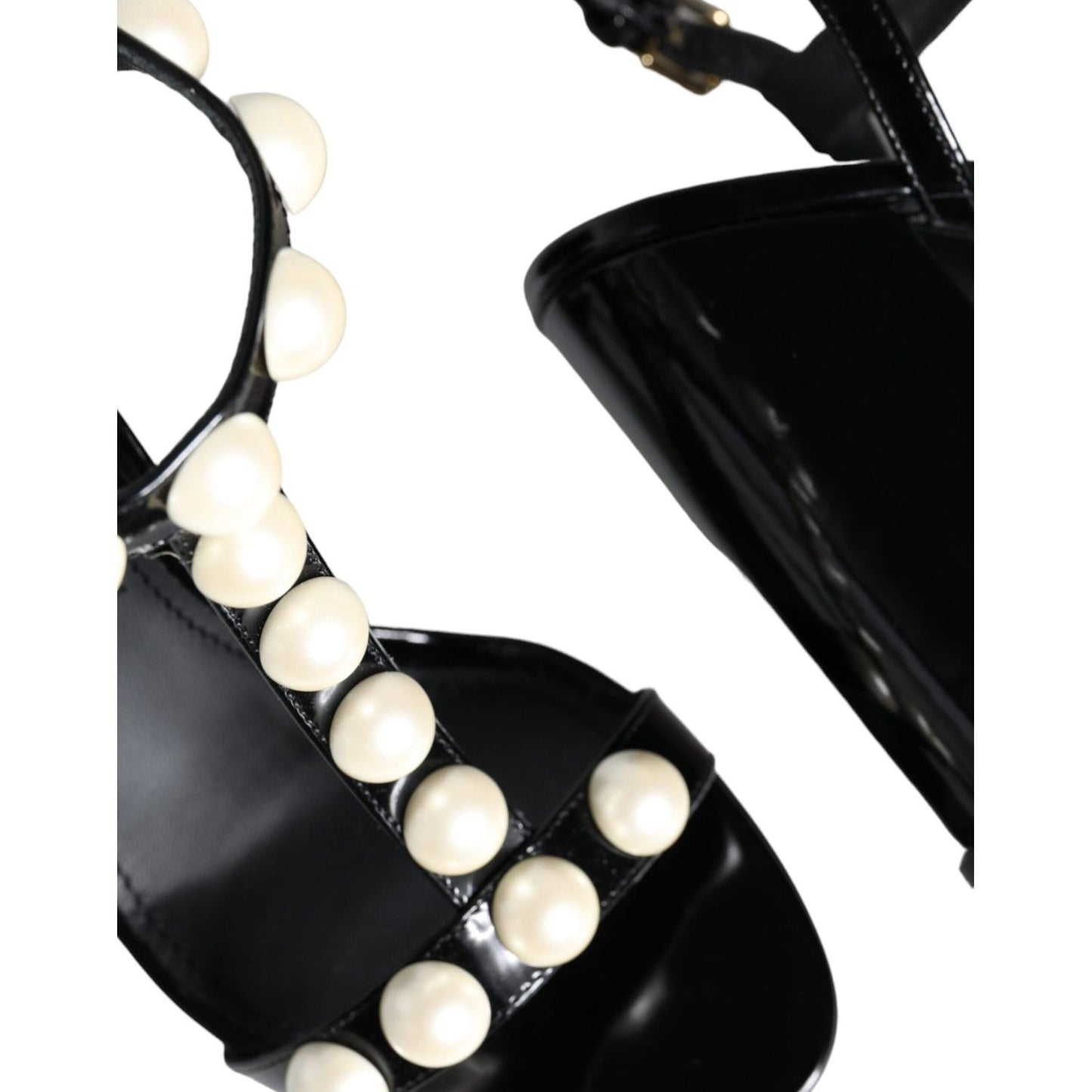 Dolce & Gabbana Black Leather Pearls T-strap Sandals Shoes Dolce & Gabbana